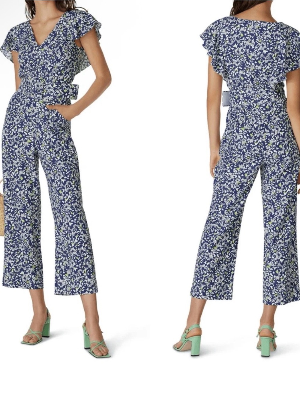 Tanya Taylor Blue Floral V-Neck Cap-Sleeve Jumpsuit